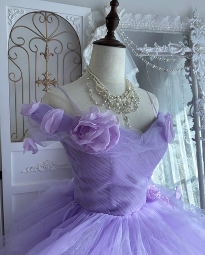 Ornate Off The Shoulder Prom Dress Purple Tulle Floral A-Line Evening Dress GG7593