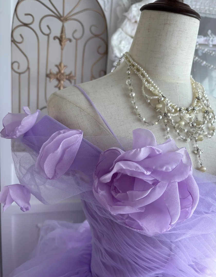 Ornate Off The Shoulder Prom Dress Purple Tulle Floral A-Line Evening Dress GG7593