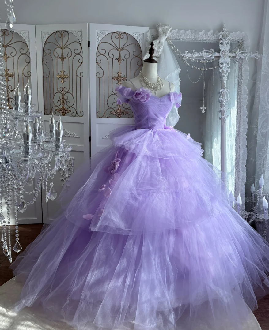 Ornate Off The Shoulder Prom Dress Purple Tulle Floral A-Line Evening Dress GG7593