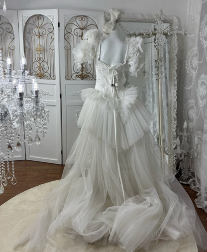 Vintage Square Neck Appliques Wedding Dress Beading Ruffles Tulle Mermaid Bridal Dress GG7594
