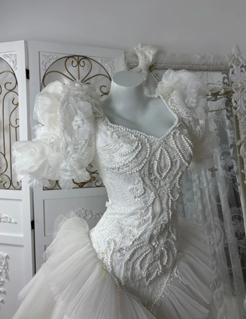 Vintage Square Neck Appliques Wedding Dress Beading Ruffles Tulle Mermaid Bridal Dress GG7594