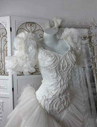Vintage Square Neck Appliques Wedding Dress Beading Ruffles Tulle Mermaid Bridal Dress GG7594