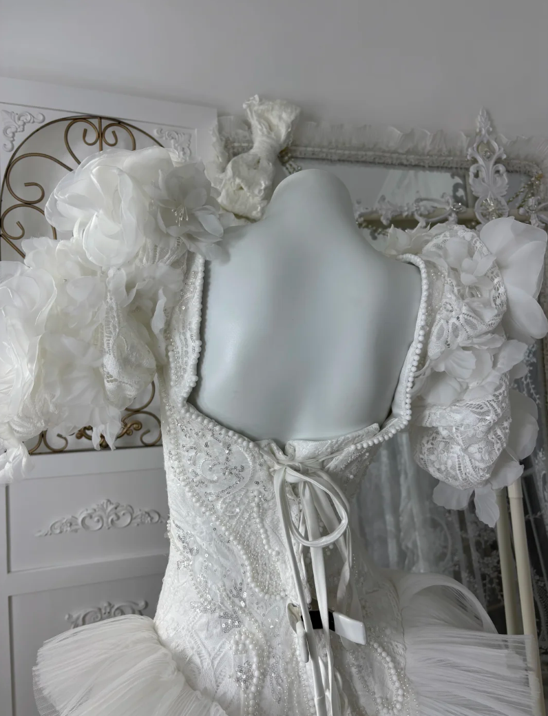 Vintage Square Neck Appliques Wedding Dress Beading Ruffles Tulle Mermaid Bridal Dress GG7594