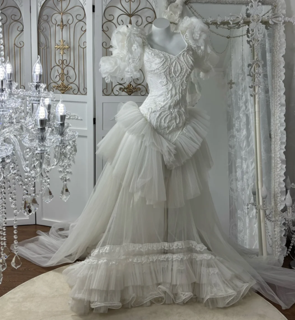 Vintage Square Neck Appliques Wedding Dress Beading Ruffles Tulle Mermaid Bridal Dress GG7594