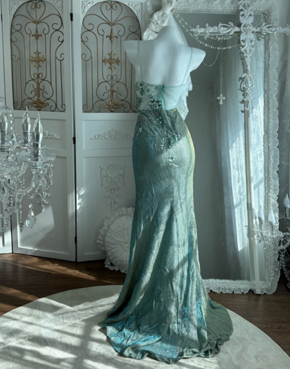Shiny Spaghetti Straps Prom Dress Mint Green Sequins Slit Mermaid Evening Dress GG7595