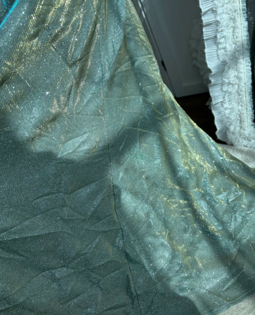 Shiny Spaghetti Straps Prom Dress Mint Green Sequins Slit Mermaid Evening Dress GG7595