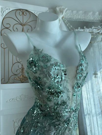 Shiny Spaghetti Straps Prom Dress Mint Green Sequins Slit Mermaid Evening Dress GG7595