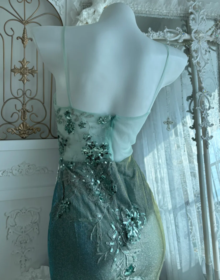 Shiny Spaghetti Straps Prom Dress Mint Green Sequins Slit Mermaid Evening Dress GG7595