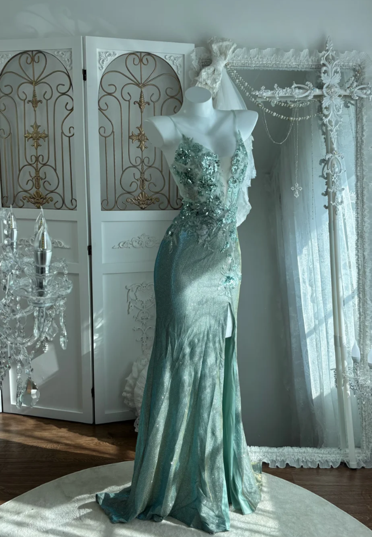 Shiny Spaghetti Straps Prom Dress Mint Green Sequins Slit Mermaid Evening Dress GG7595