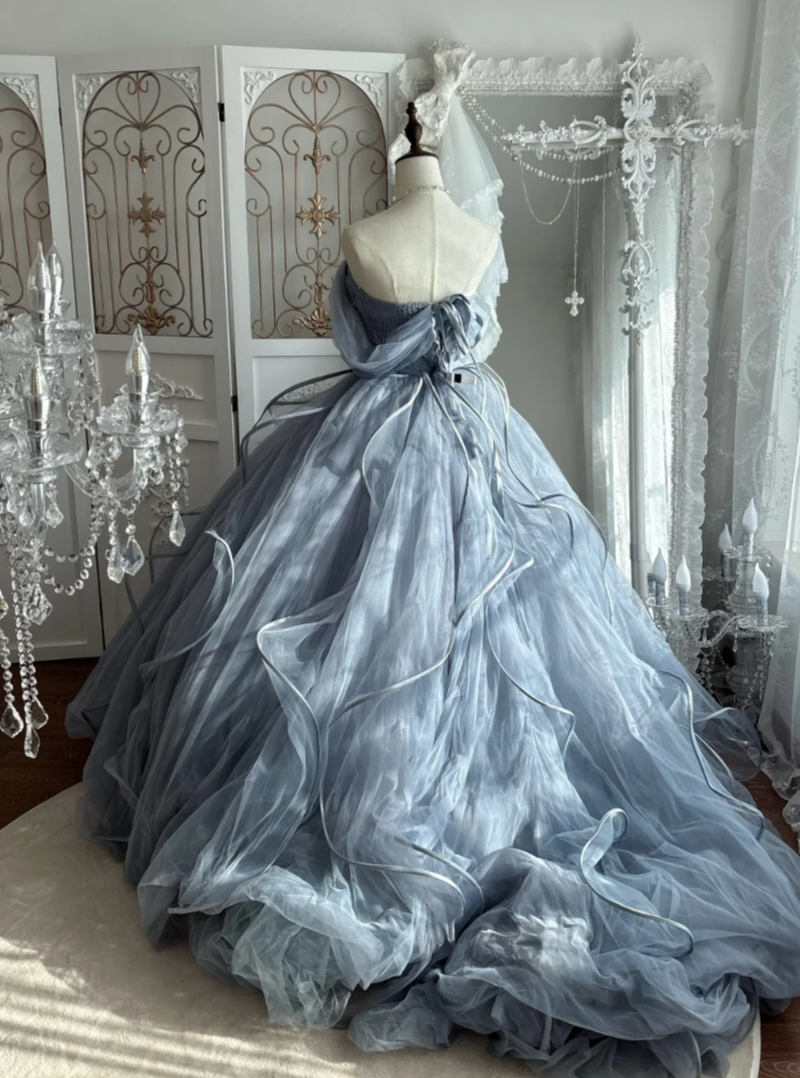 Unique Off The Shoulder Ruffles Prom Dress Blue Sequins Tulle A-Line Evening Dress GG7596