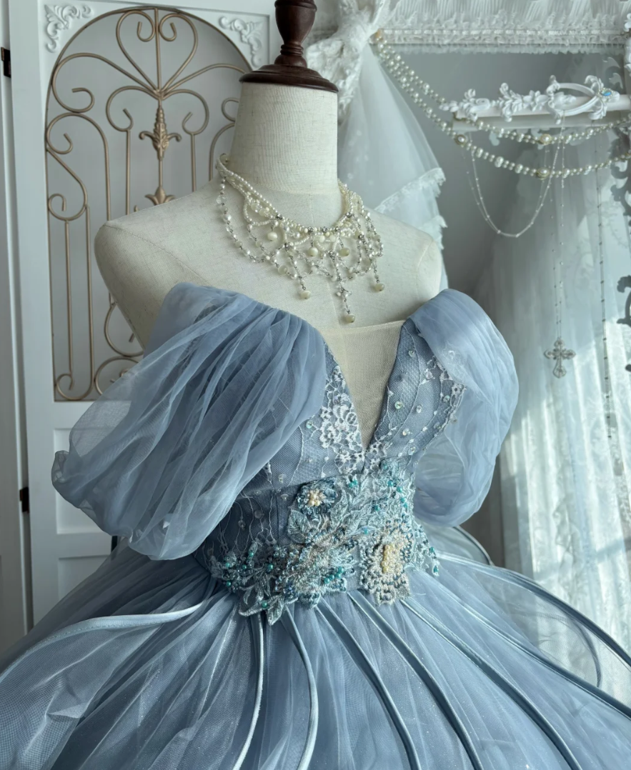 Unique Off The Shoulder Ruffles Prom Dress Blue Sequins Tulle A-Line Evening Dress GG7596