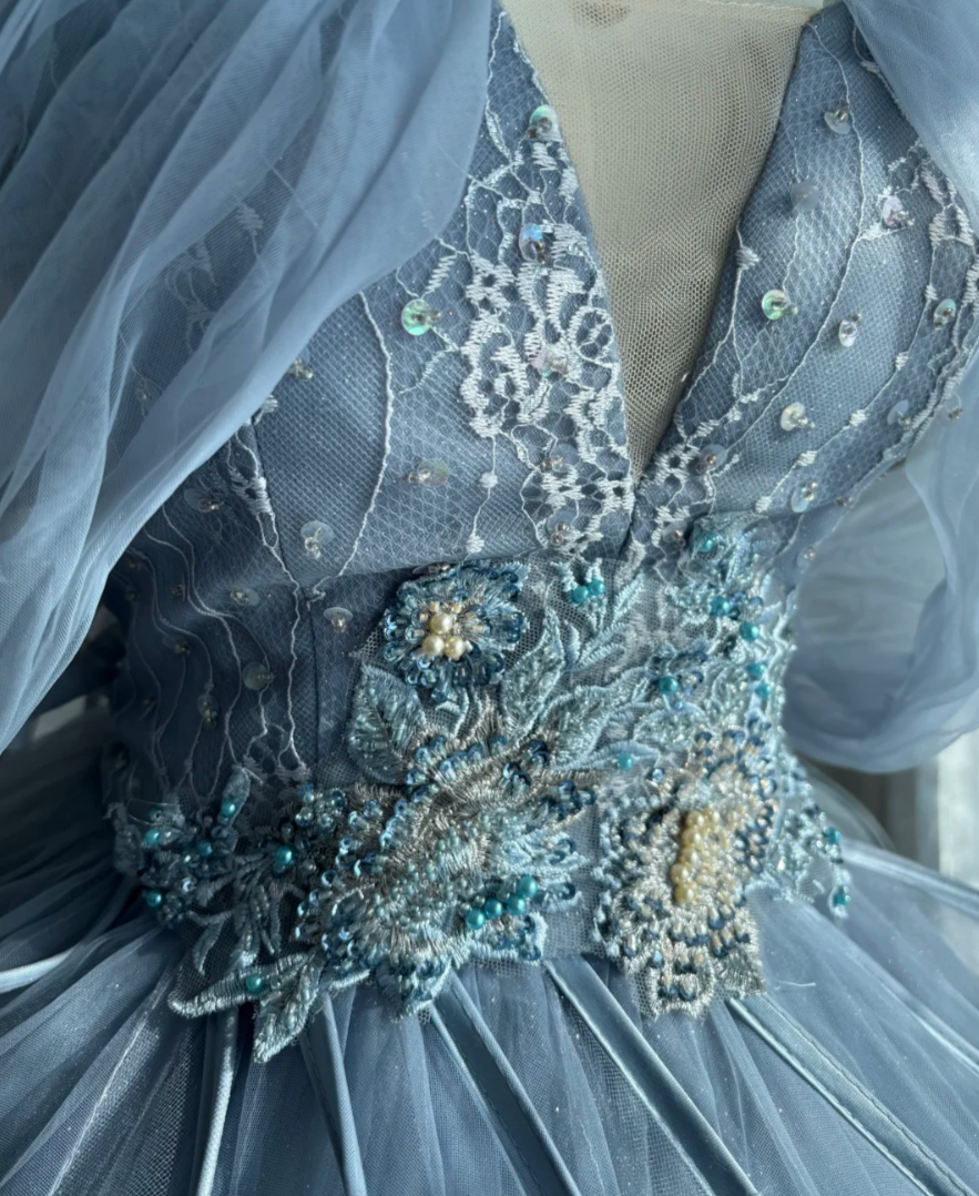 Unique Off The Shoulder Ruffles Prom Dress Blue Sequins Tulle A-Line Evening Dress GG7596