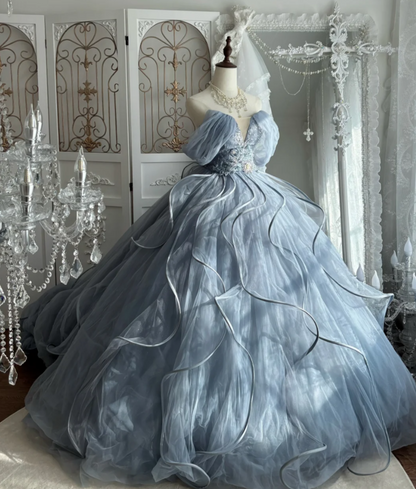 Unique Off The Shoulder Ruffles Prom Dress Blue Sequins Tulle A-Line Evening Dress GG7596
