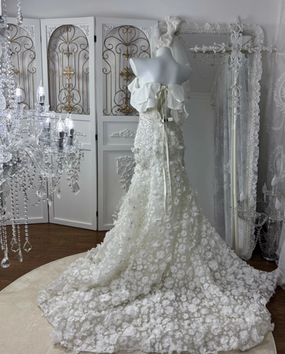 Graceful Strapless Ruffles Wedding Dress Appliques Sequins Mermaid Bridal Dress GG7598