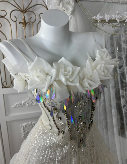 Gorgeous Spaghetti Strap Prom Dress White Appliques Sequins A-Line Evening Dress GG7599