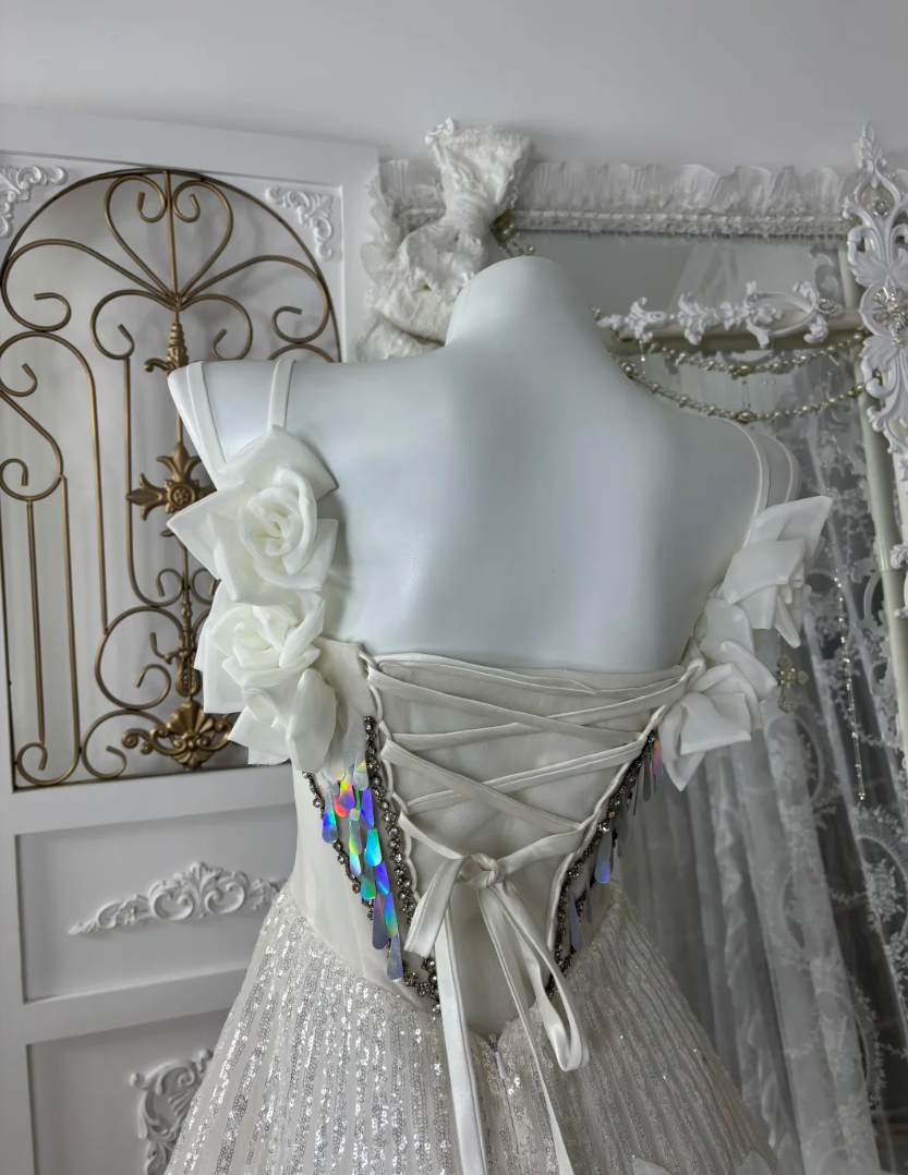 Gorgeous Spaghetti Strap Prom Dress White Appliques Sequins A-Line Evening Dress GG7599