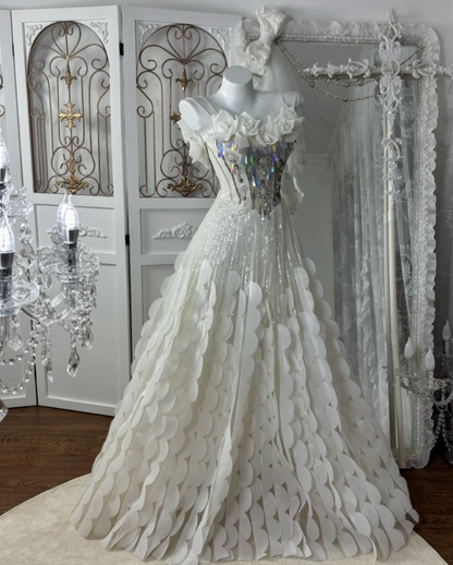 Gorgeous Spaghetti Strap Prom Dress White Appliques Sequins A-Line Evening Dress GG7599