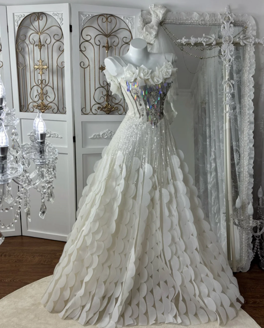Gorgeous Spaghetti Strap Prom Dress White Appliques Sequins A-Line Evening Dress GG7599