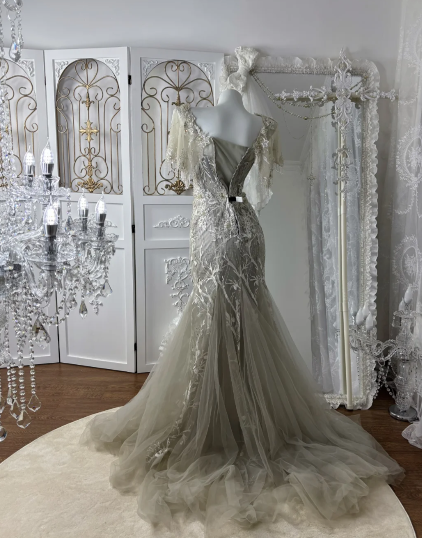 Charming Short Sleeve Gray Prom Dress Tassel Appliques Sequins Mermaid Evening Dress GG7600