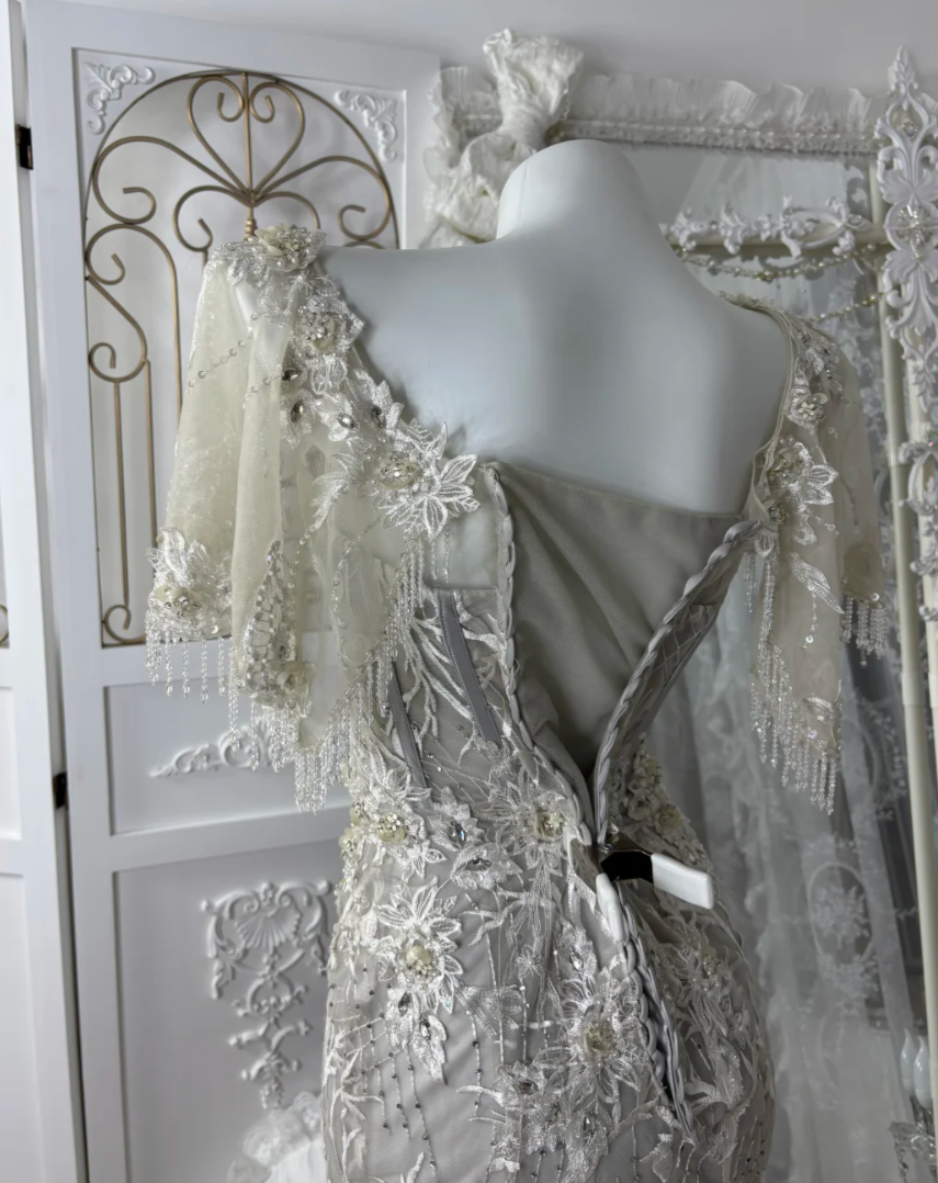 Charming Short Sleeve Gray Prom Dress Tassel Appliques Sequins Mermaid Evening Dress GG7600