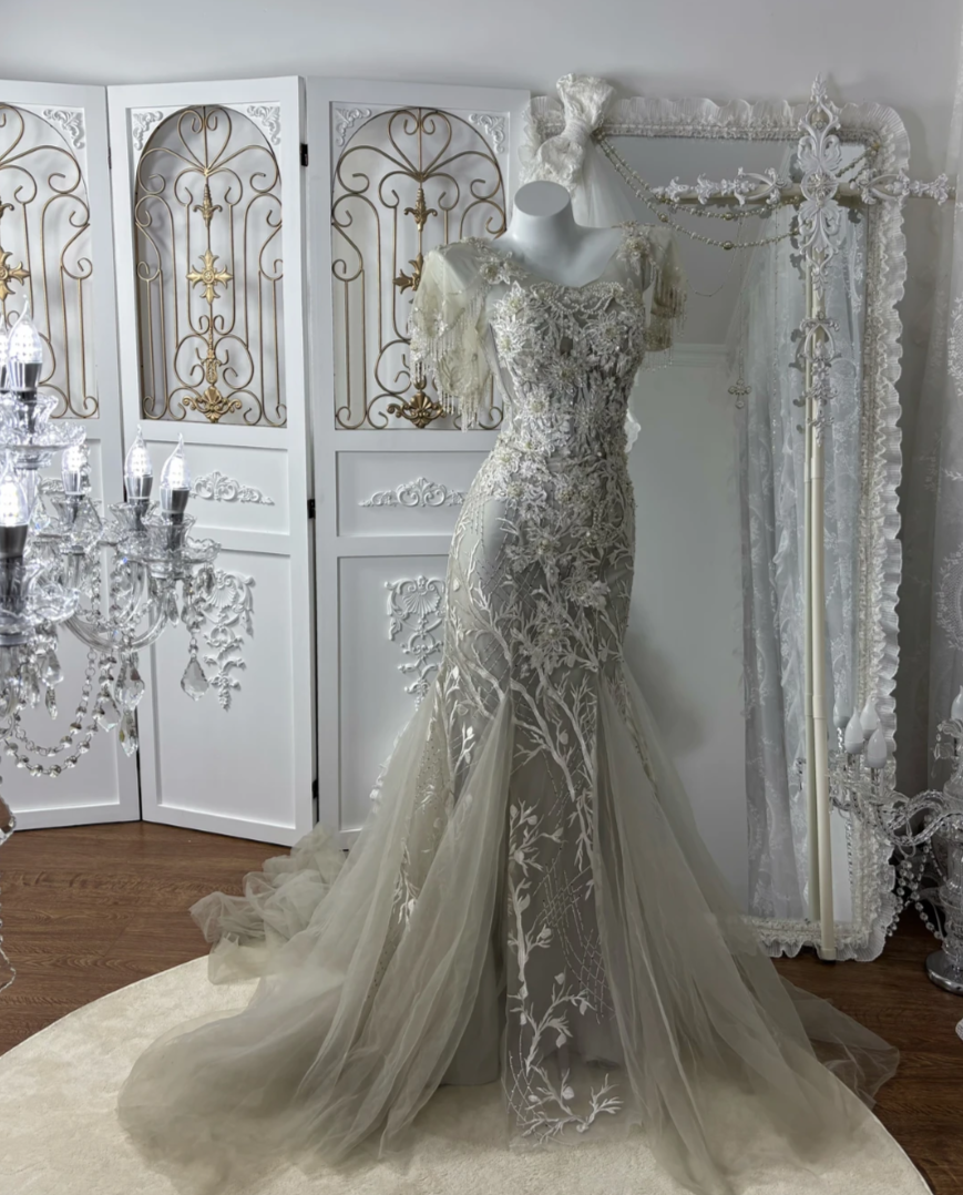 Charming Short Sleeve Gray Prom Dress Tassel Appliques Sequins Mermaid Evening Dress GG7600