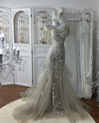 Charming Short Sleeve Gray Prom Dress Tassel Appliques Sequins Mermaid Evening Dress GG7600