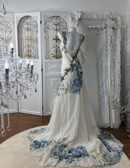 Vintage Spaghetti Strap Floral Prom Dress White Appliques Sequins A-Line Evening Dress GG7601