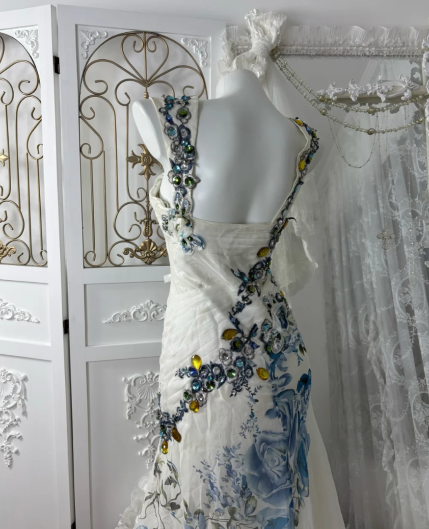 Vintage Spaghetti Strap Floral Prom Dress White Appliques Sequins A-Line Evening Dress GG7601