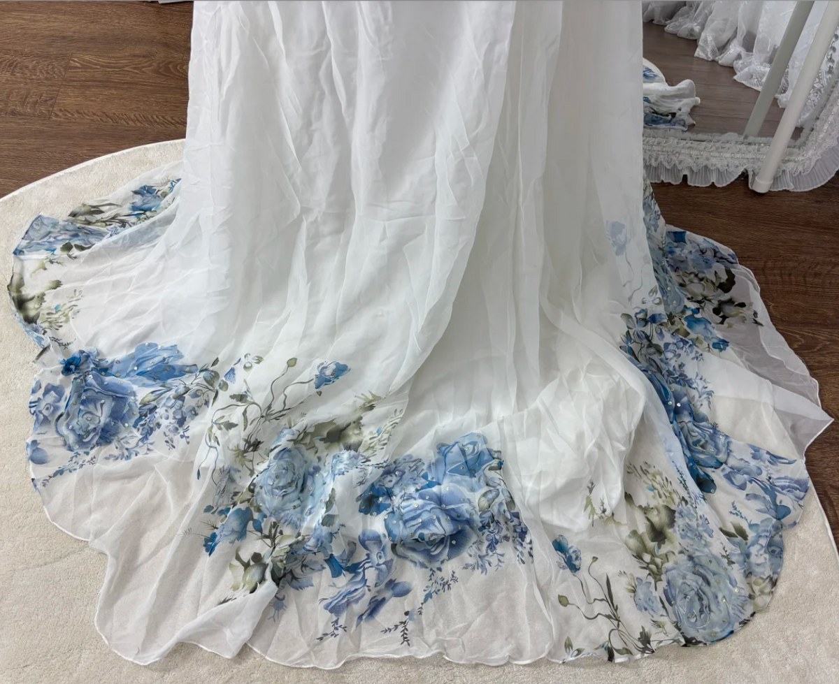 Vintage Spaghetti Strap Floral Prom Dress White Appliques Sequins A-Line Evening Dress GG7601