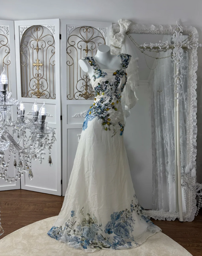 Vintage Spaghetti Strap Floral Prom Dress White Appliques Sequins A-Line Evening Dress GG7601