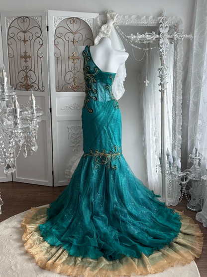 Retro One Shoulder Prom Dress Teal Appliques Sequins Mermaid Evening Dress GG7602