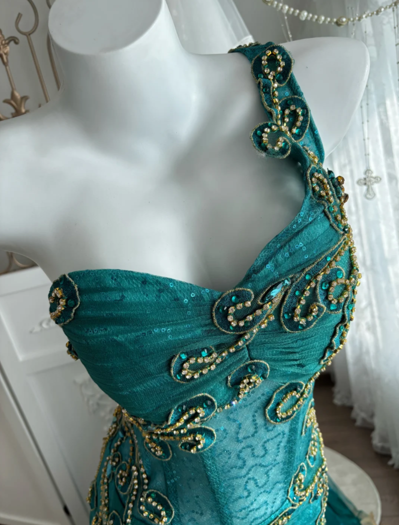Retro One Shoulder Prom Dress Teal Appliques Sequins Mermaid Evening Dress GG7602