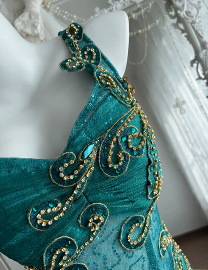 Retro One Shoulder Prom Dress Teal Appliques Sequins Mermaid Evening Dress GG7602