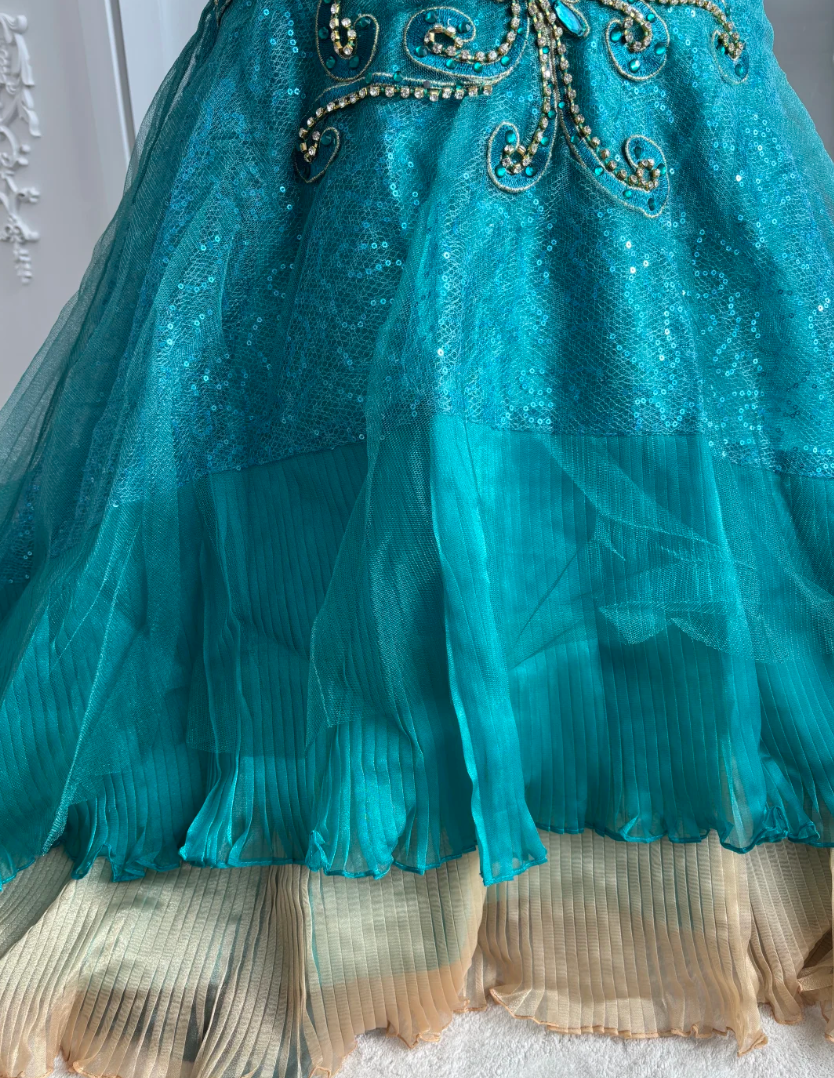 Retro One Shoulder Prom Dress Teal Appliques Sequins Mermaid Evening Dress GG7602