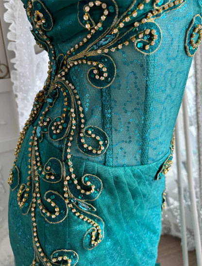 Retro One Shoulder Prom Dress Teal Appliques Sequins Mermaid Evening Dress GG7602