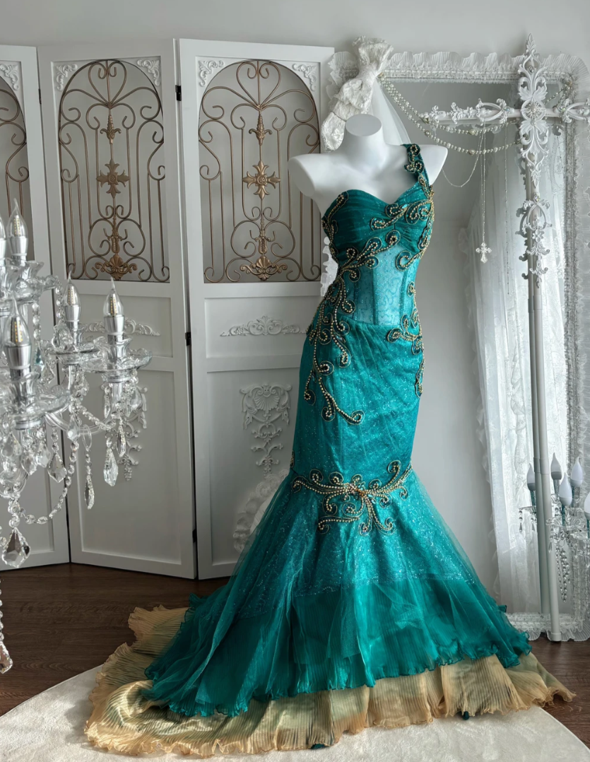 Retro One Shoulder Prom Dress Teal Appliques Sequins Mermaid Evening Dress GG7602