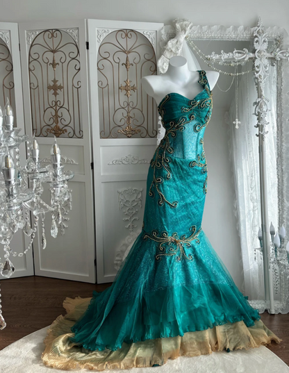 Retro One Shoulder Prom Dress Teal Appliques Sequins Mermaid Evening Dress GG7602