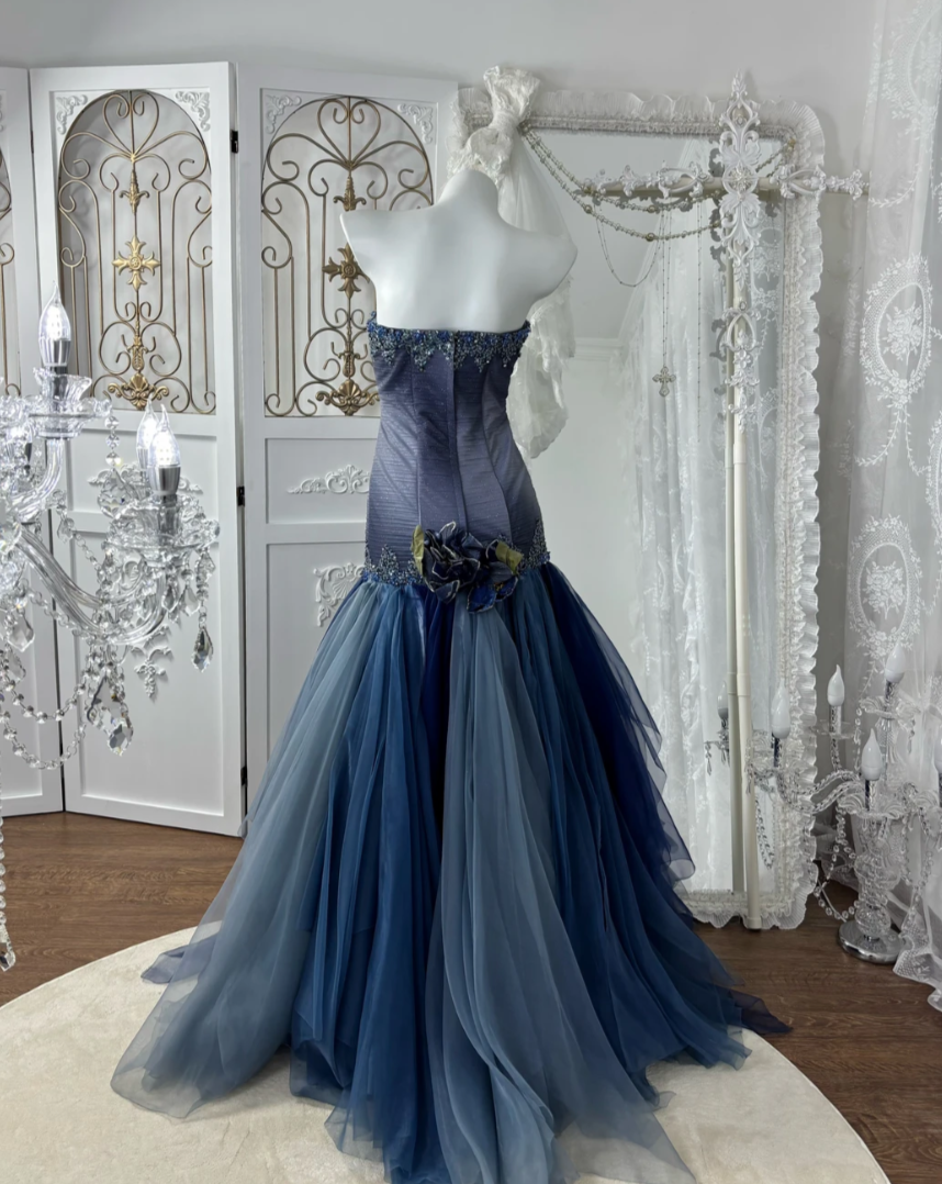 Charming Strapless Blue Prom Dress Sequins Flower Tulle Mermaid Evening Dress GG7603