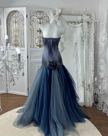 Charming Strapless Blue Prom Dress Sequins Flower Tulle Mermaid Evening Dress GG7603