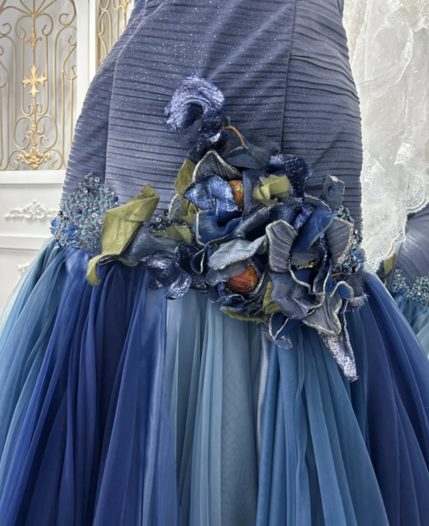 Charming Strapless Blue Prom Dress Sequins Flower Tulle Mermaid Evening Dress GG7603