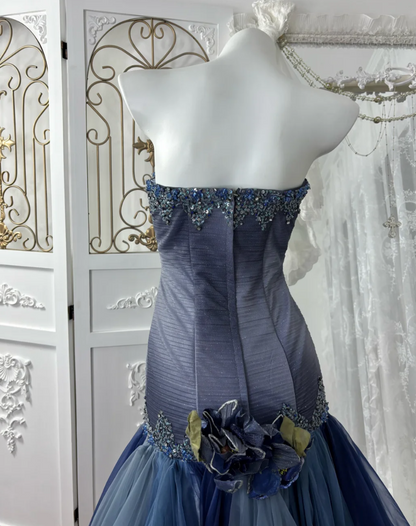 Charming Strapless Blue Prom Dress Sequins Flower Tulle Mermaid Evening Dress GG7603