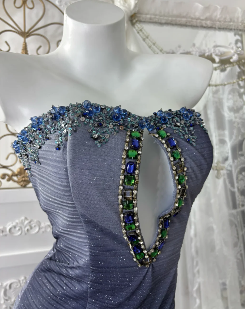 Charming Strapless Blue Prom Dress Sequins Flower Tulle Mermaid Evening Dress GG7603