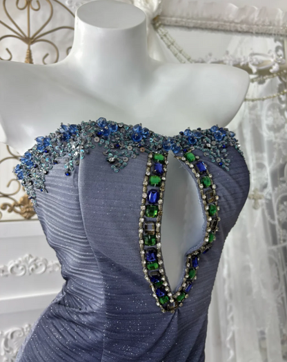 Charming Strapless Blue Prom Dress Sequins Flower Tulle Mermaid Evening Dress GG7603