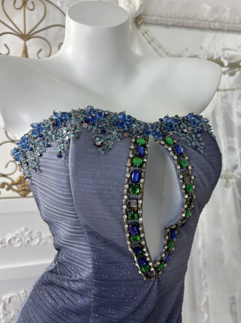 Charming Strapless Blue Prom Dress Sequins Flower Tulle Mermaid Evening Dress GG7603