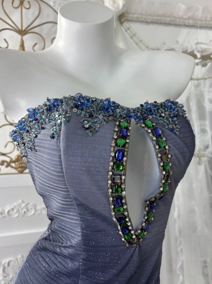 Charming Strapless Blue Prom Dress Sequins Flower Tulle Mermaid Evening Dress GG7603