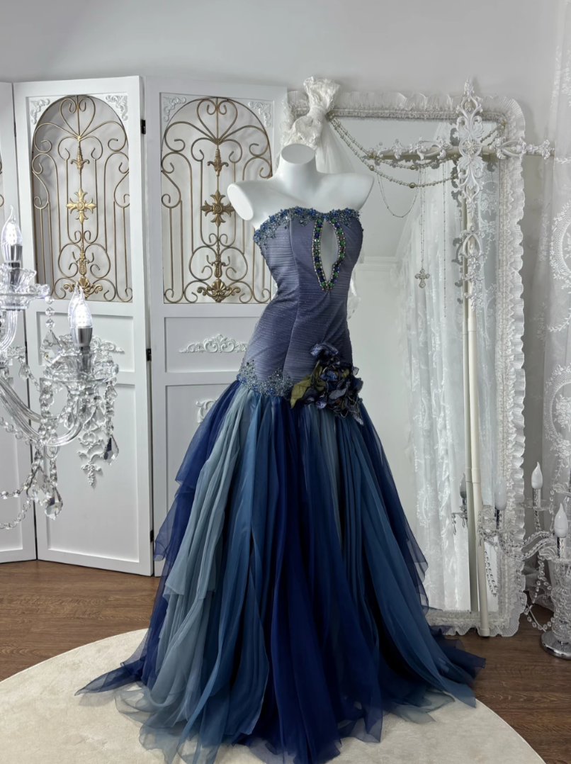 Charming Strapless Blue Prom Dress Sequins Flower Tulle Mermaid Evening Dress GG7603
