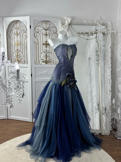Charming Strapless Blue Prom Dress Sequins Flower Tulle Mermaid Evening Dress GG7603