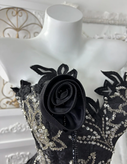 Gothic Strapless Black Prom Dress Sequins Ruffles A-Line Evening Dress GG7604