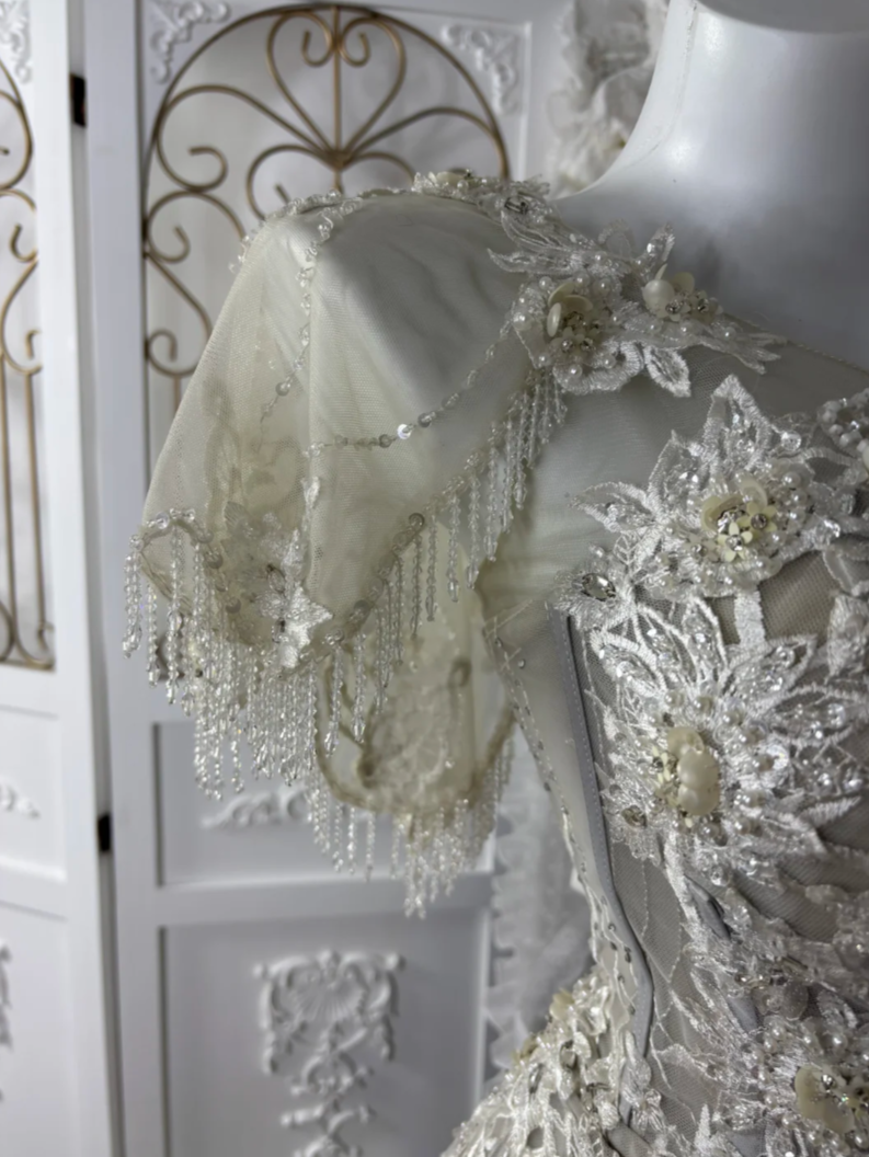 Classical Short Sleeve Tassel Wedding Dress Appliques Sequins Tulle Mermaid Bridal Dress GG7605