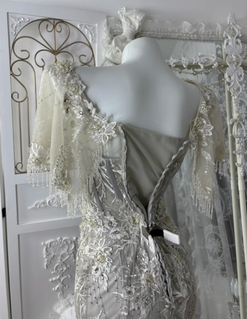 Classical Short Sleeve Tassel Wedding Dress Appliques Sequins Tulle Mermaid Bridal Dress GG7605